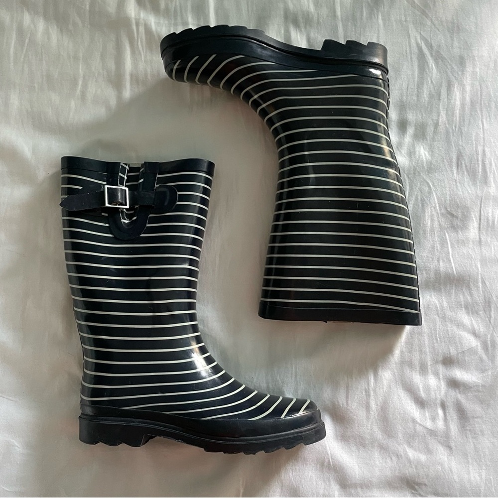 Navy Blue and White Striped Rain Boots